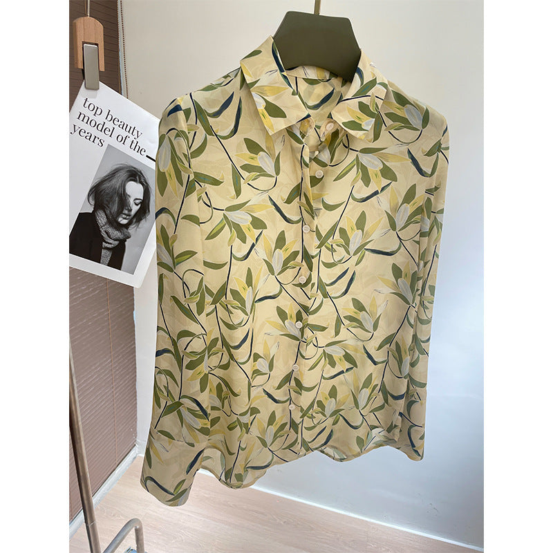 Silk shirt women's spring and summer commute new mulberry silk long-sleeved printed shirt casual niche loose top
