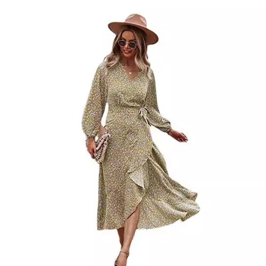 Zllk In Stock! European and American Foreign Trade Women's Long Sleeve Wrap Dress Flower Printed V-neck Autumn and Winter Dress