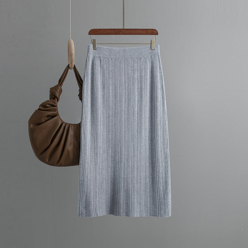 ZllKl Rear split knitted pit strip skirt solid color elastic waist elastic hip wrap temperament thin wool skirt autumn new