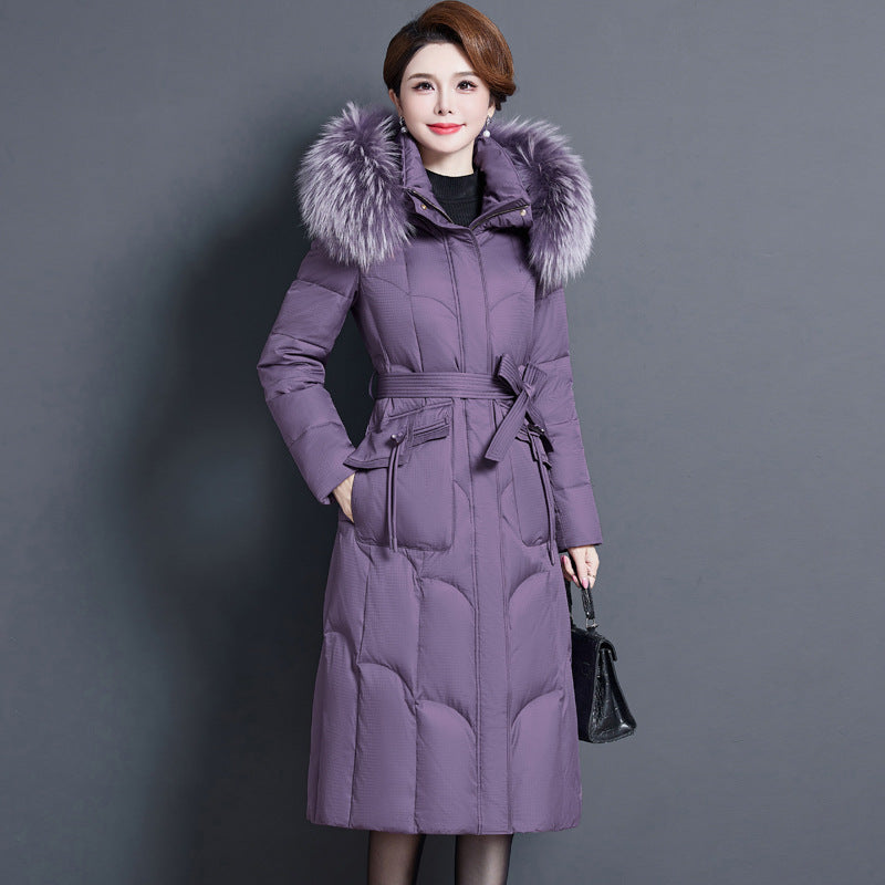 2023 new fashionable and foreign medium and long mother thickened winter knee jacket middle-aged white duck down jacket women