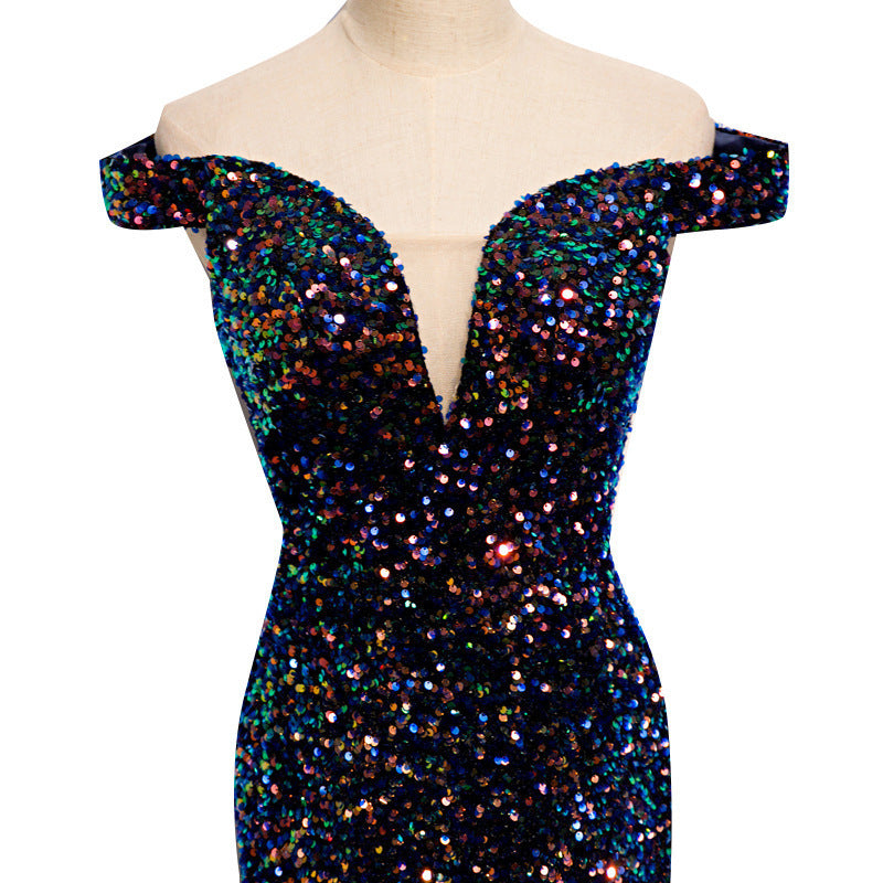 2025 supply one-word shoulder fishtail dress new heavy industry sequins temperament long host evening dress