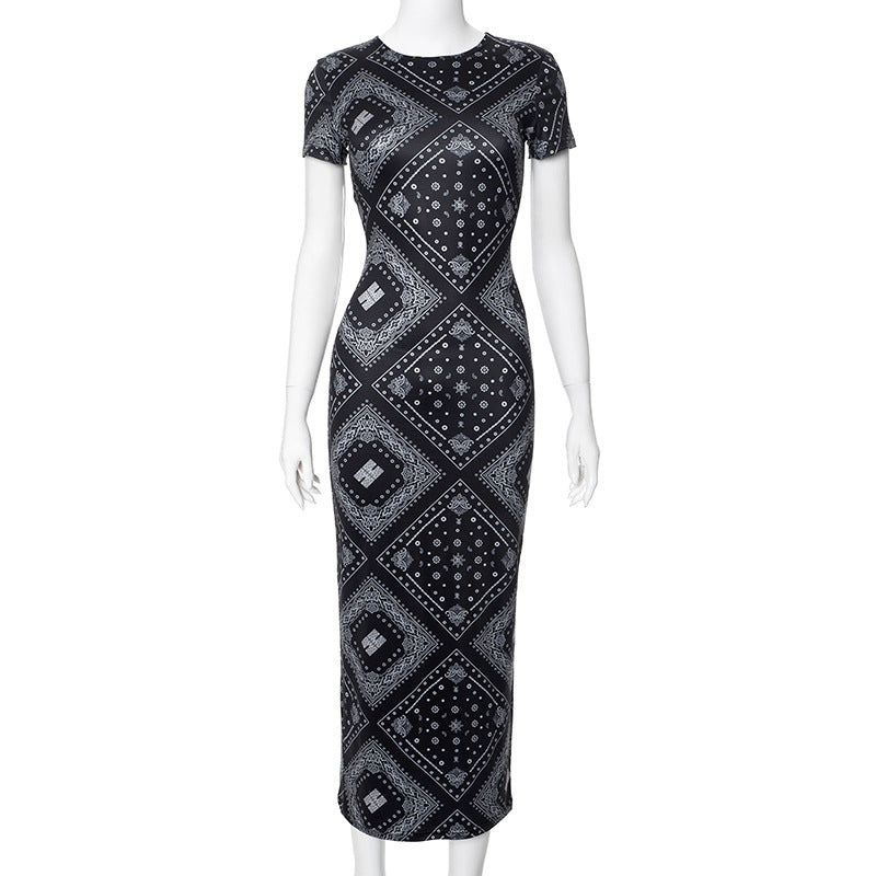 2025 K24DS118 women's clothing summer short-sleeved new retro temperament printed round neck slim-fitting high-waisted long dress