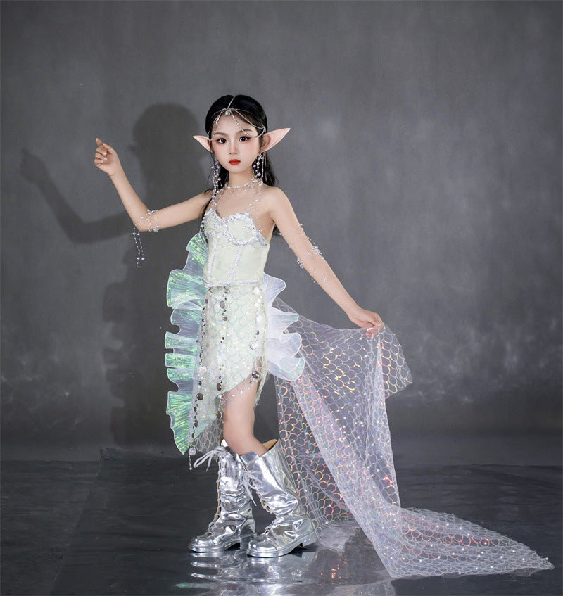 ZllKl Mermaid Sequined Fishtail Dress for Girls Cos Merman Clothing Children's Ocean Style Catwalk Dress for People Fish Photo 7