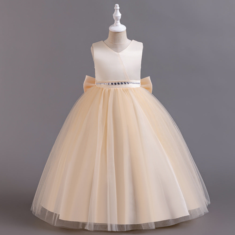 ZllKl New Cross-Border Girls' Dress Sleeveless Long Children's Princess European and American High-End Fashionable Bow Birthday Dress Long