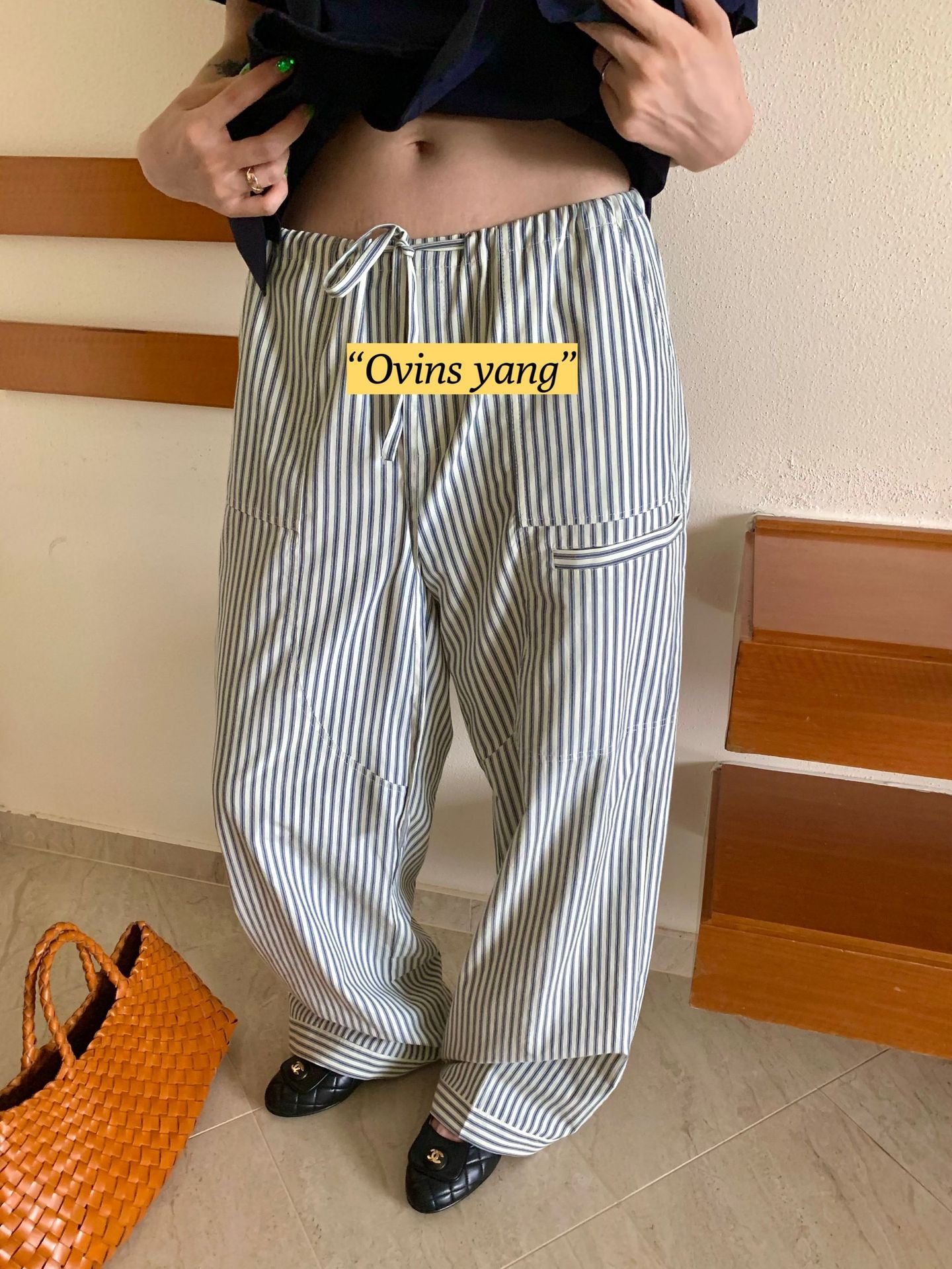 ZllKl Ovinsyang Vertical Striped Pants Women's Summer Thin Sweet College Style Casual Trousers Wide Leg Pants Straight-Leg Pants