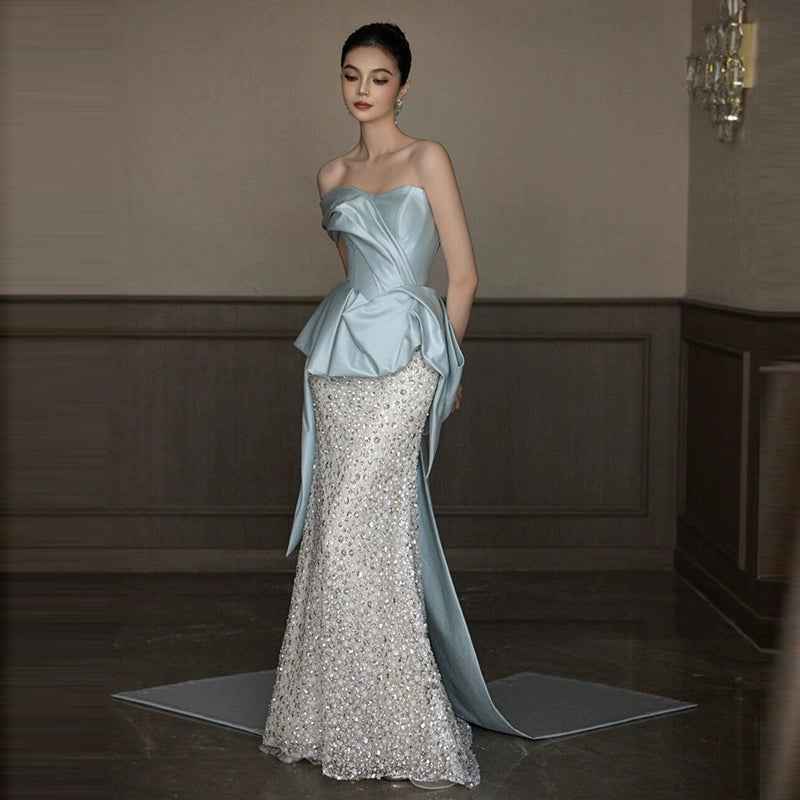 Blue heavy industry evening dress 2025 new temperament tube top sequins high-end fishtail engagement banquet bridal toast dress