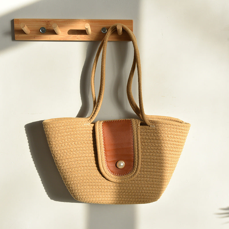 ZllKl Large Capacity Women's Shoulder Bag Crossbody Hand-Held Tote Straw Woven Woven Bag Pearl Cotton Underarm Pleated Cloud Design