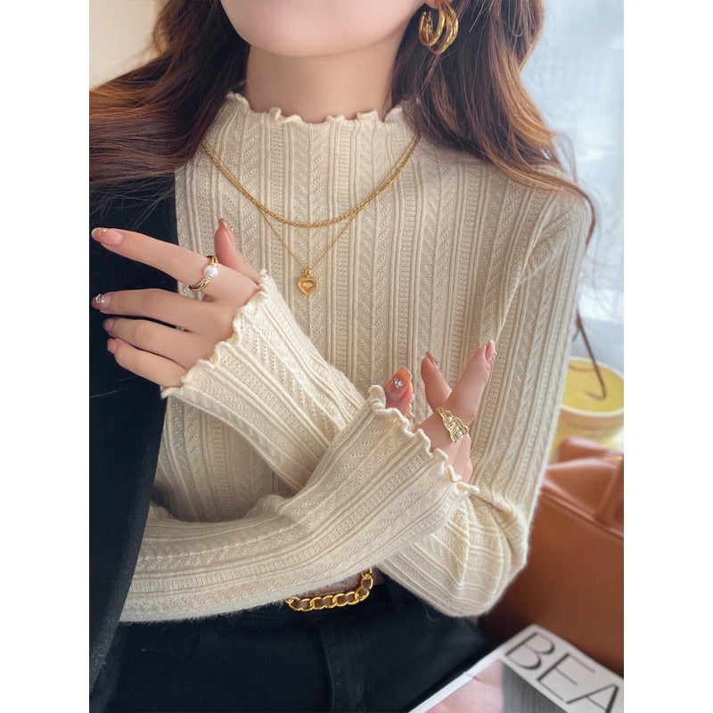 White bottoming shirt women's autumn and winter wear 2025 new semi-turtleneck fungus edge knitted sweater medium neck long-sleeved sweater