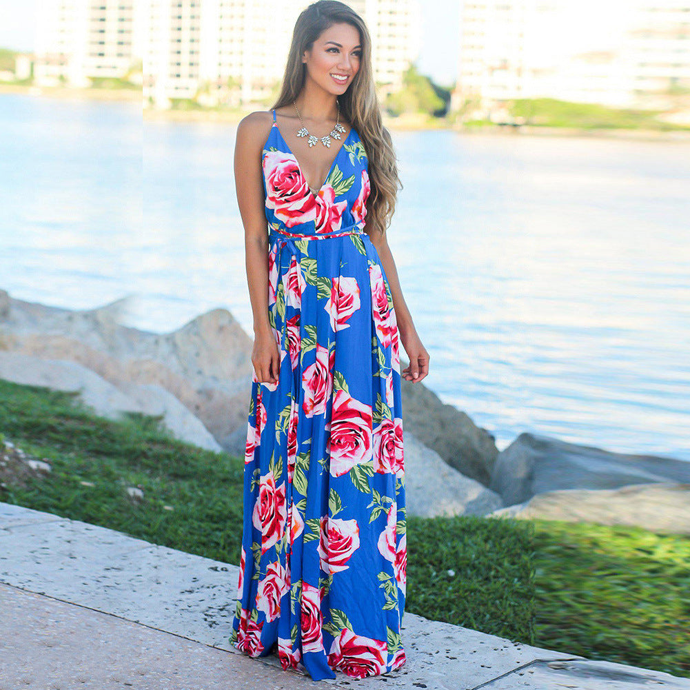 ZllKl Dress Summer New Women's Long Dress Cross Border Hot Suspender Skirt Printed Beach Long Dress