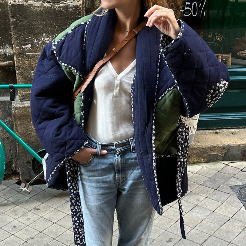 Europe and the United States cross-border 2023 autumn and winter women's cotton-padded jacket comfortable and casual rhombus splicing retro loose cotton clothes padded cotton