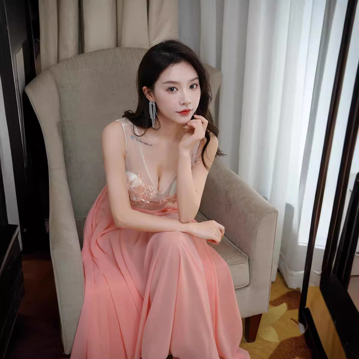 2025 Lace deep v sexy pure desire mesh chiffon ktv princess dress hottie sexy low cut dress high-end bath