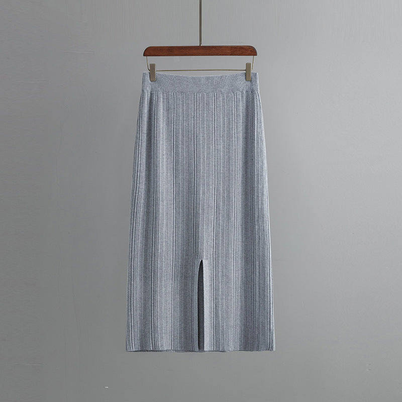 ZllKl Rear split knitted pit strip skirt solid color elastic waist elastic hip wrap temperament thin wool skirt autumn new