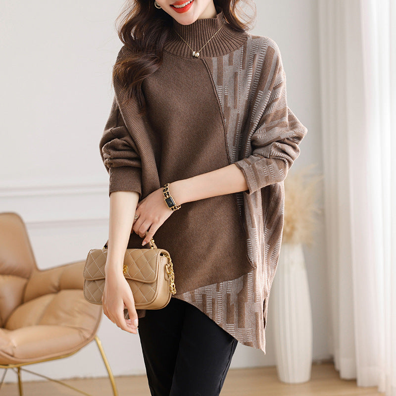 Irregular color matching sweater autumn and winter European top winter new large size women's turtleneck knitted bottoming shirt