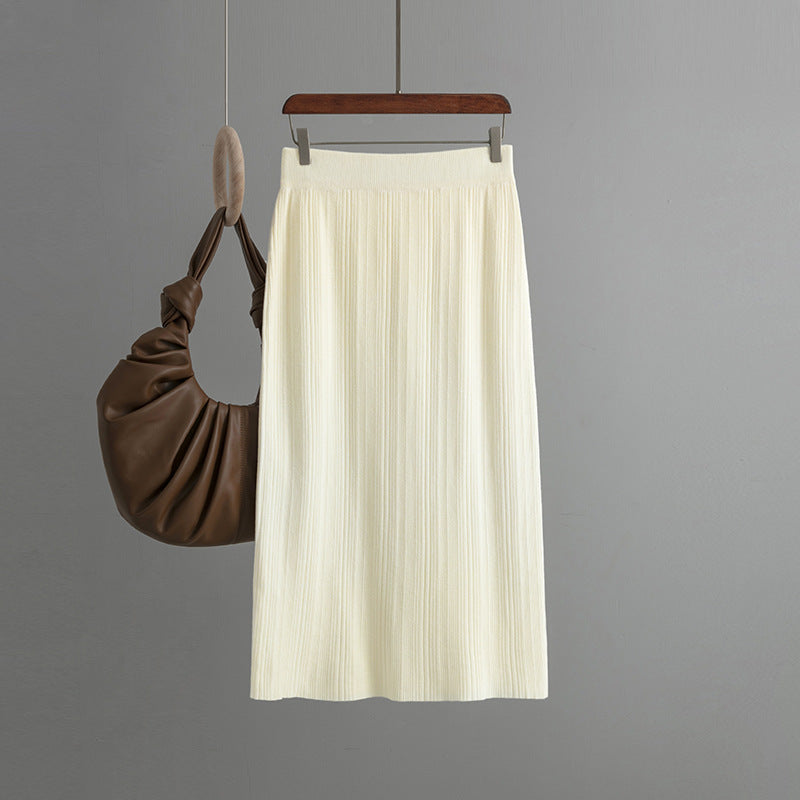 ZllKl Rear split knitted pit strip skirt solid color elastic waist elastic hip wrap temperament thin wool skirt autumn new