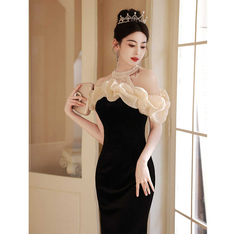 2025 Banquet temperament evening dress dress socialite black fishtail skirt high-end light luxury one-word shoulder host dress
