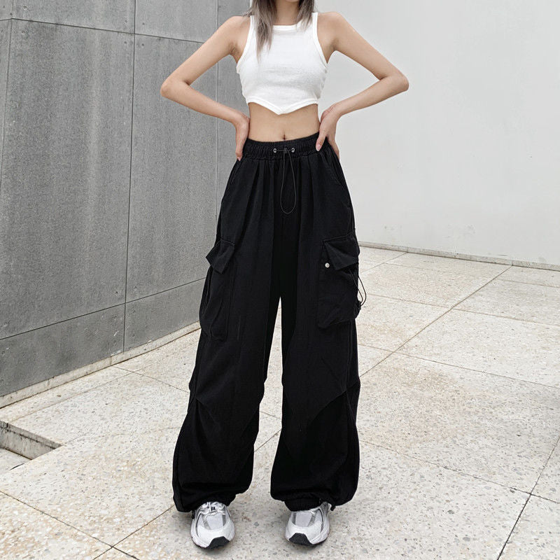 ZllKl Nylon Quick-Drying Overalls Women's Summer New American Parachute Pants High Waist Wide Leg Leisure Drawstring Sports Pants