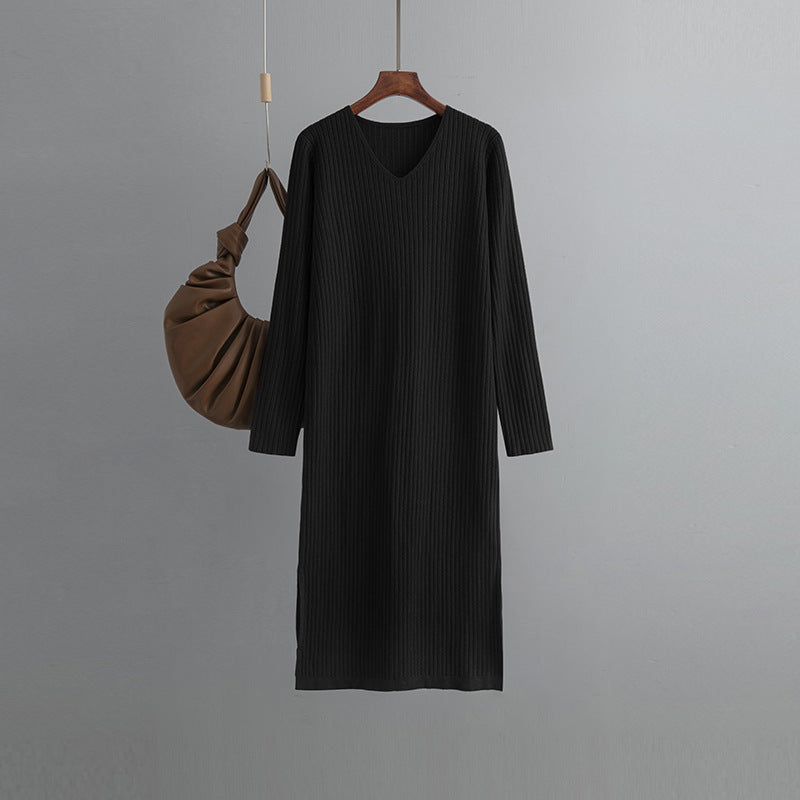 ZllKl Autumn and winter v-neck knitted dress women's outerwear straight tube thin long-sleeved pit strip split bottom knee sweater skirt