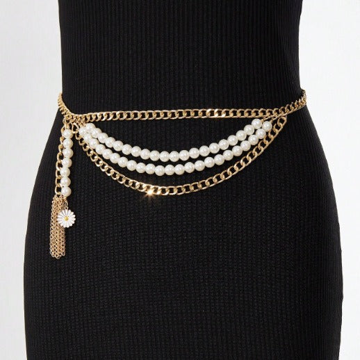 FB3410 2025 waist chain wavy tassel side pendulum chain metal chain pearl chain combination waist chain waist decoration