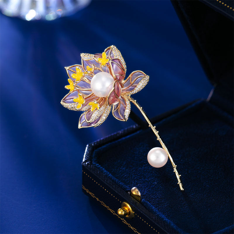 2025 New Elegant Freshwater Pearl Lotus Brooch National Style Enamel Zirconium Lotus Brooch Jacket Pin Cheongsam Accessories