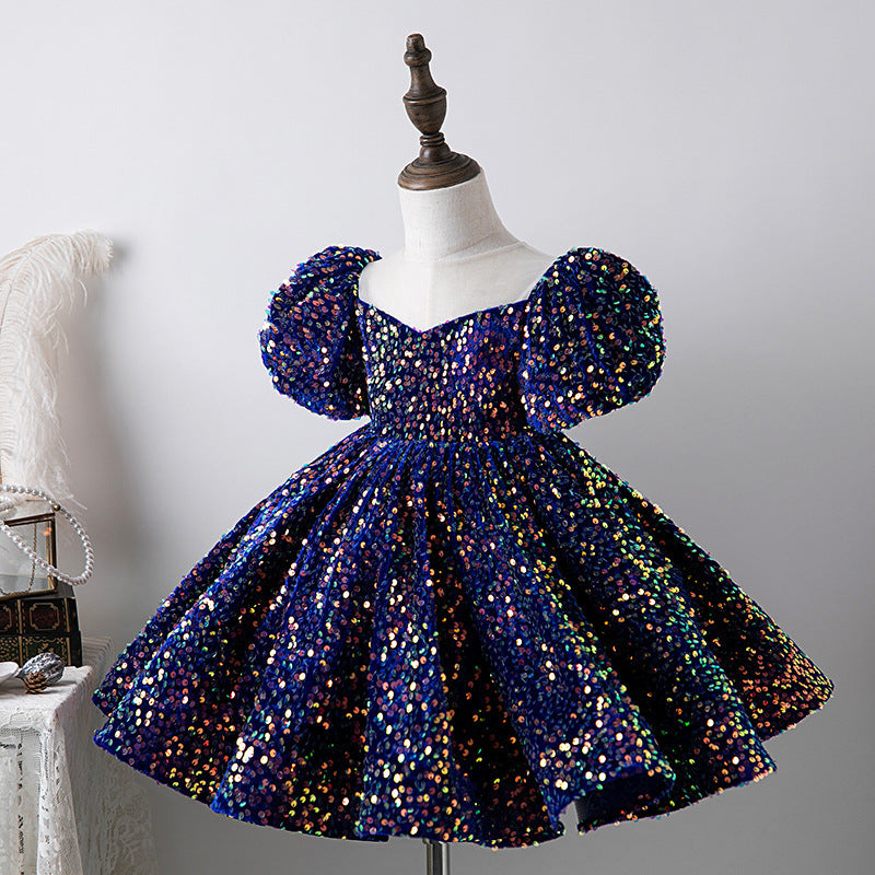 ZllKl Blue Sequined Children's Dress Girl Princess Dress Birthday Full-Year Baby Girl Catwalk Host Piano Performance Wear