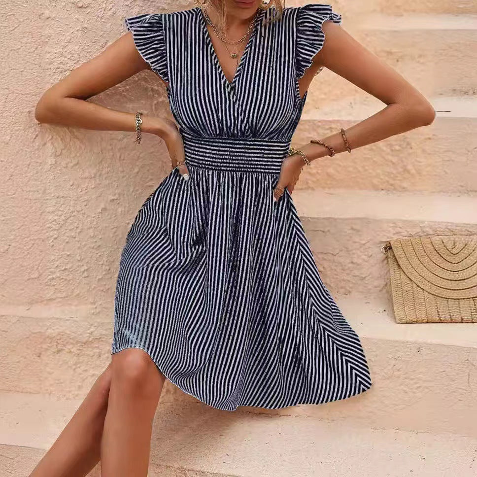 Zllk New Popular European and American Foreign Trade Women's Clothing Women's Summer Dress Striped Printing Flying Sleeves Dress