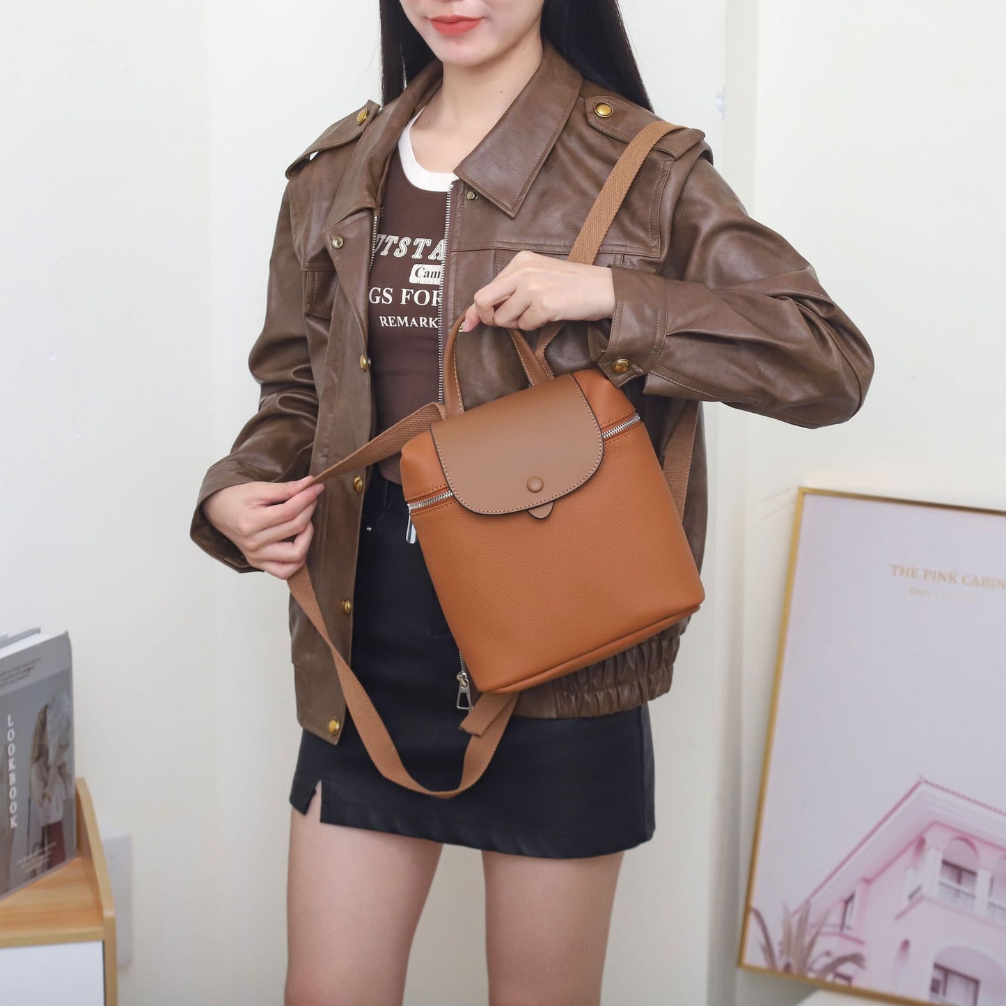 First layer cowhide togo leather backpack leather backpack contrasting colors new soft casual niche big-name women's bag 66034