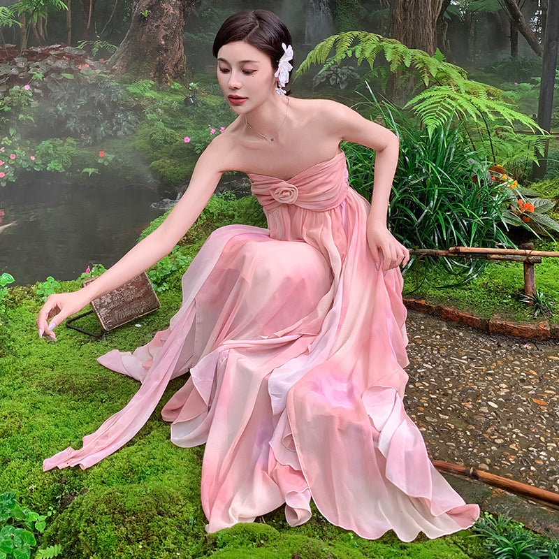 2025 Pink smudged neck suspender dress female pendant feeling elegant fairy dress high-end temperament dress long dress