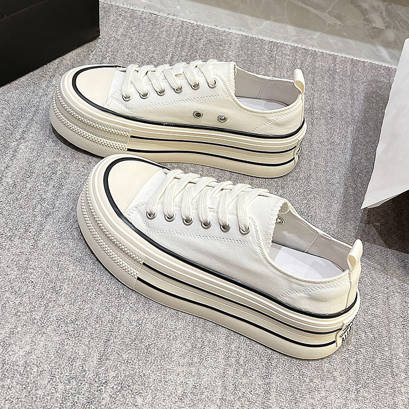 ZllKl Women's Thick-Soled Canvas Shoes Summer New Korean Style Casual Sneaker round Toe Lace-up Sneakers All-Match White Shoes