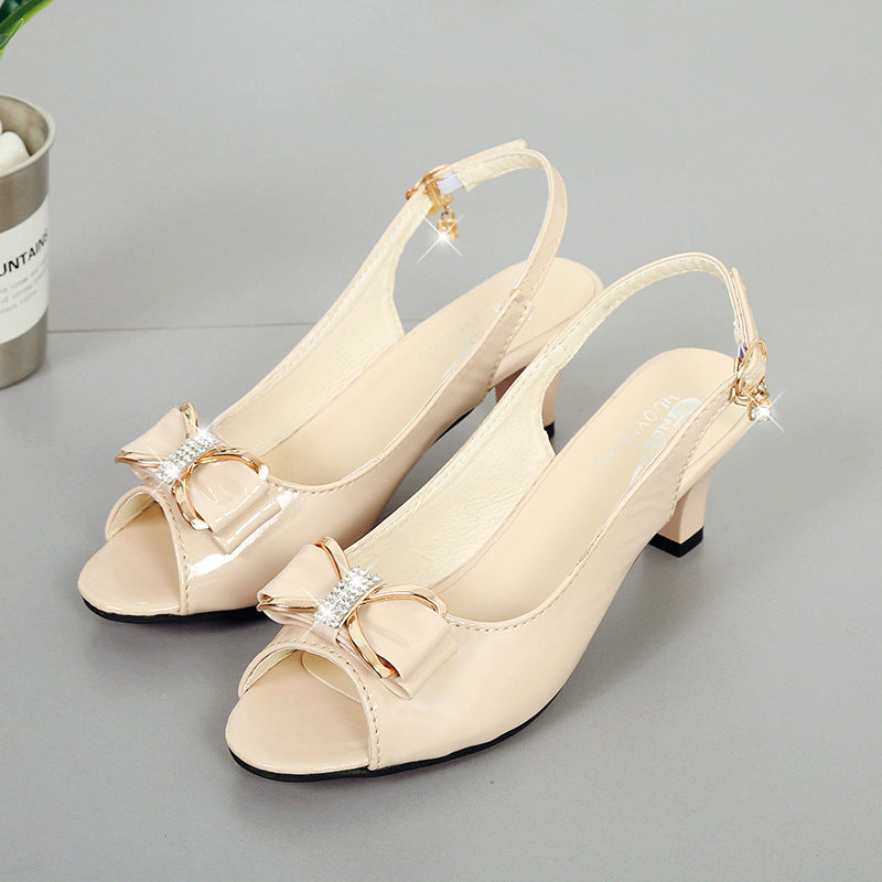 ZllKl New Peep Toe Solid Color Sandals Summer Women's Chunky Heel High Heel Shoes Korean Style Fashion Bowknot Rhinestone Mid Heel Sandals