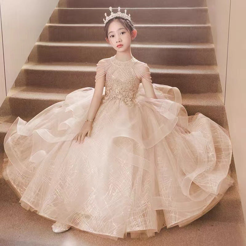 ZllKl Children's Dress Girls Birthday Princess Dress Dresses of Bride Fellow Kids Light Luxury Minority Children Host Piano Performance Pink
