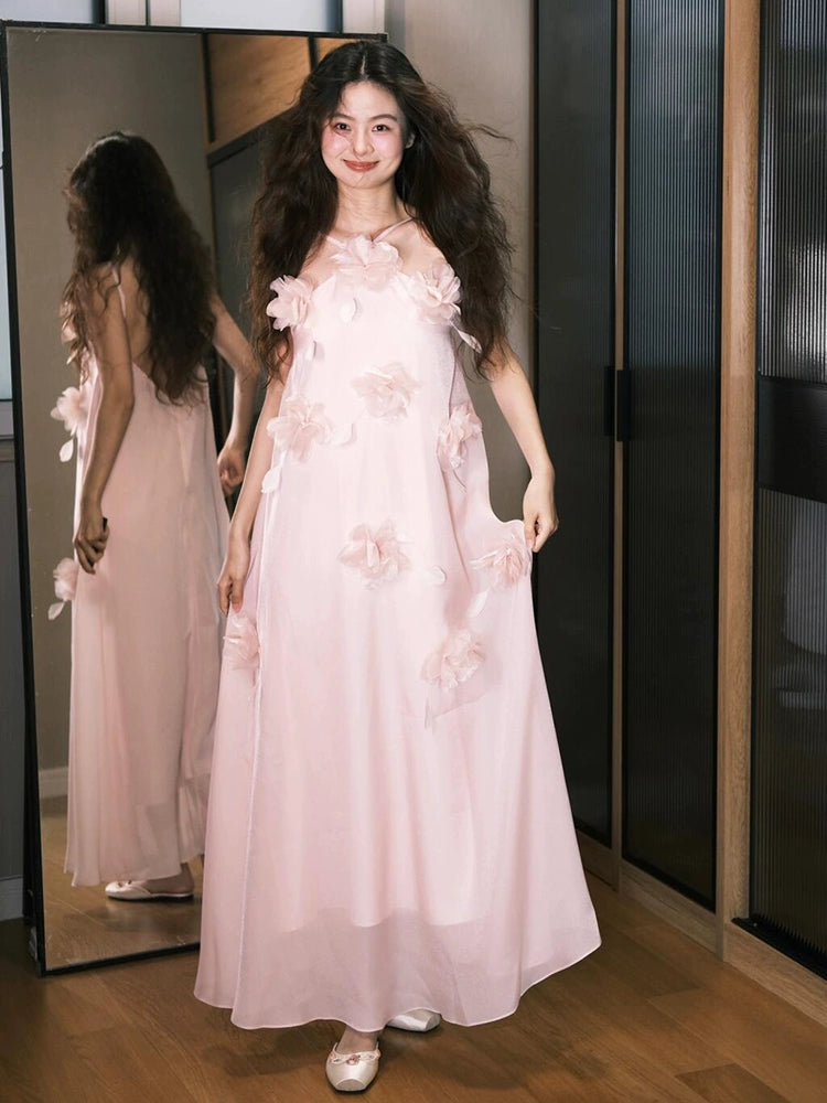 Pink morning gown femininity super fairy suspender bride return engagement dress banquet welcome three-dimensional flower dress