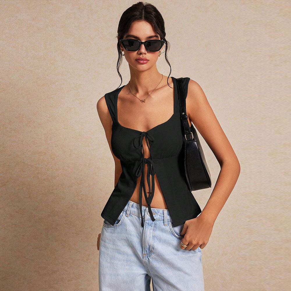 spring and summer new New women's clothing sexy intellectual style vest lace-up cardigan design top