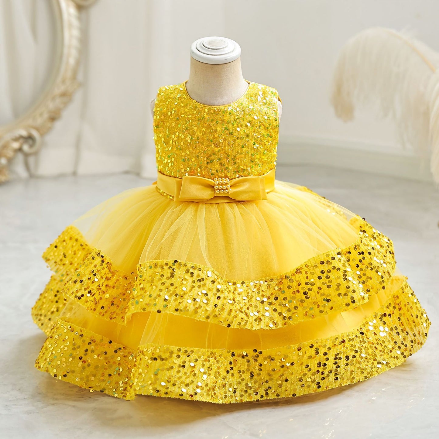 ZllKl Cross-Border New Arrival Red Children's Dress Sequined Princess Dress Baby Girl Birthday Banquet Skirt Girl Performance Wear