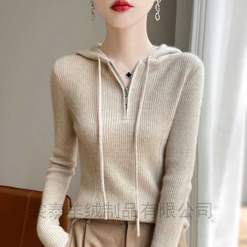 Half-zipper drawstring slim cashmere sweater women's pullover sweater autumn and winter solid color hooded wool knitted slim base