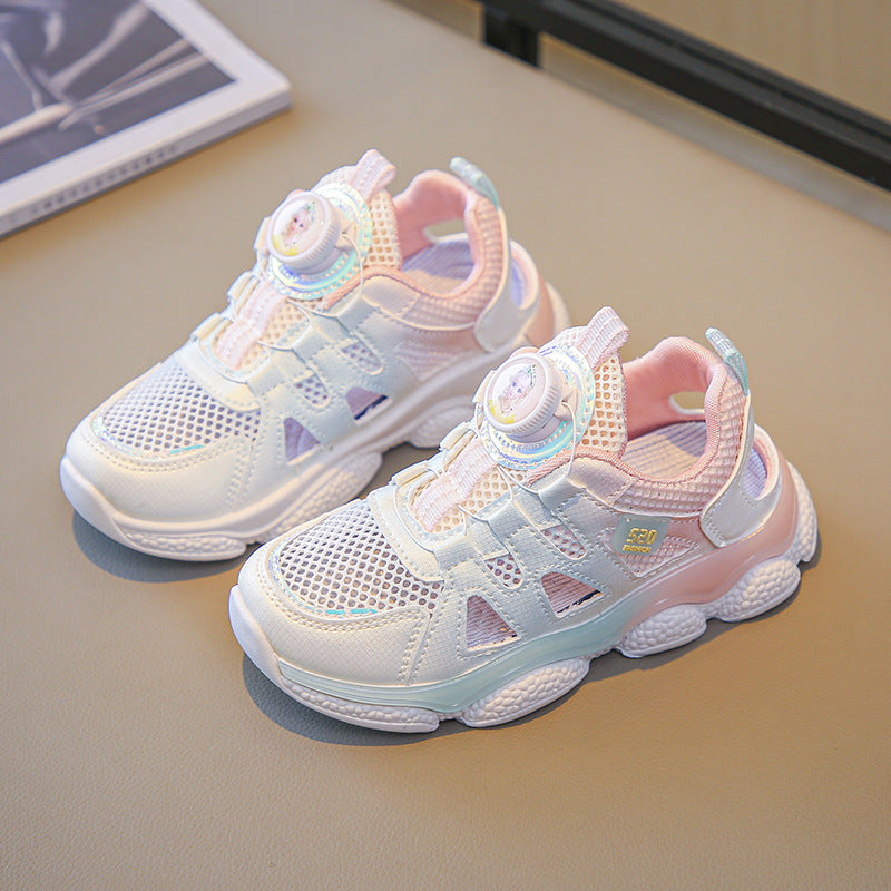 ZllKl Girls' Shoes Summer New Rotating Buckle Single Mesh Children's Net Red Frame Shoes Middle and Big Children Girls' One Piece Dropshipping