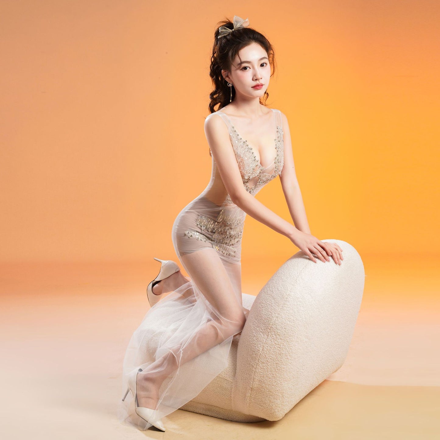 2025 G107/nightclub sexy see-through clothing new car model catwalk performance clothing night club lady dress
