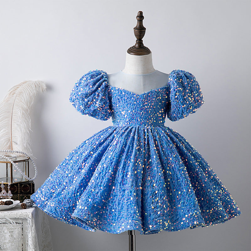 ZllKl Blue Sequined Children's Dress Girl Princess Dress Birthday Full-Year Baby Girl Catwalk Host Piano Performance Wear