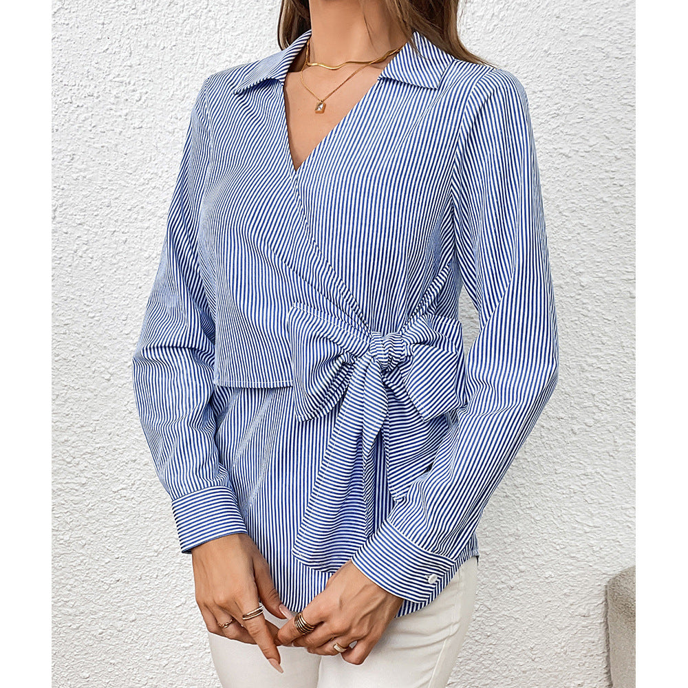 zllkl Cross-Border European and American Women's Clothing Vertical Stripes Slimming Bundle Long-Sleeved Women's Shirt Shirt Top Women's