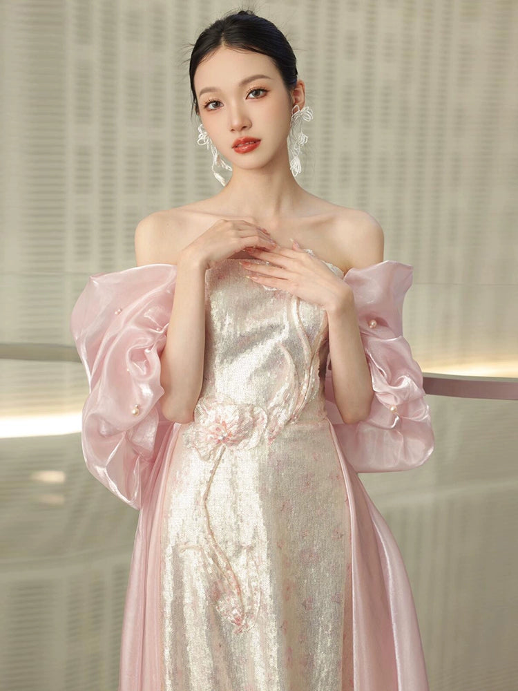 Morning robe female bride tube top high-end pink super fairy thousand gold style dress skirt engagement and coming-of-age ceremony toasting clothes