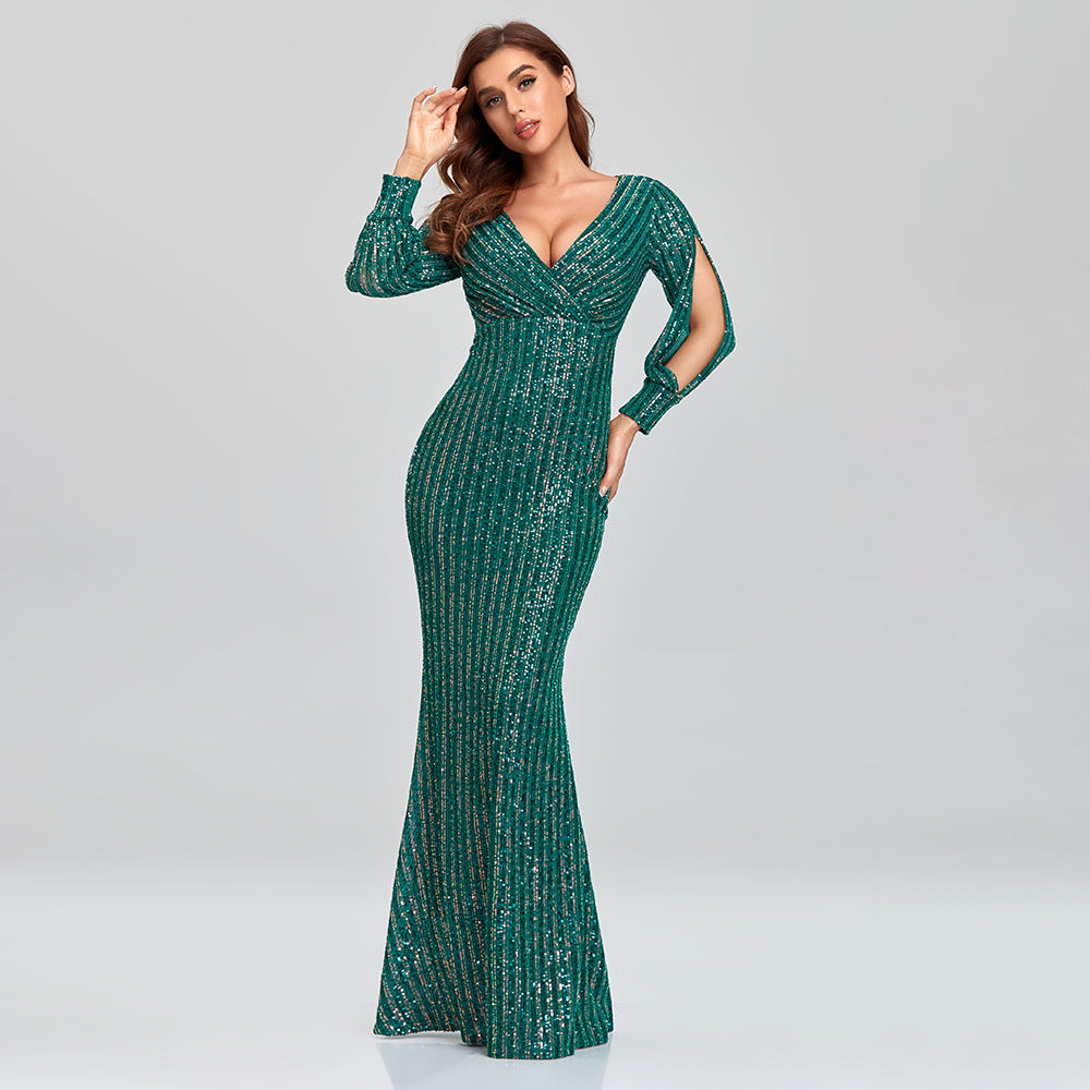 2025 24 New Popular trade dress multi-color large-size long-sleeved V-neck slim-fitting sequined fishtail evening dress women's ball party