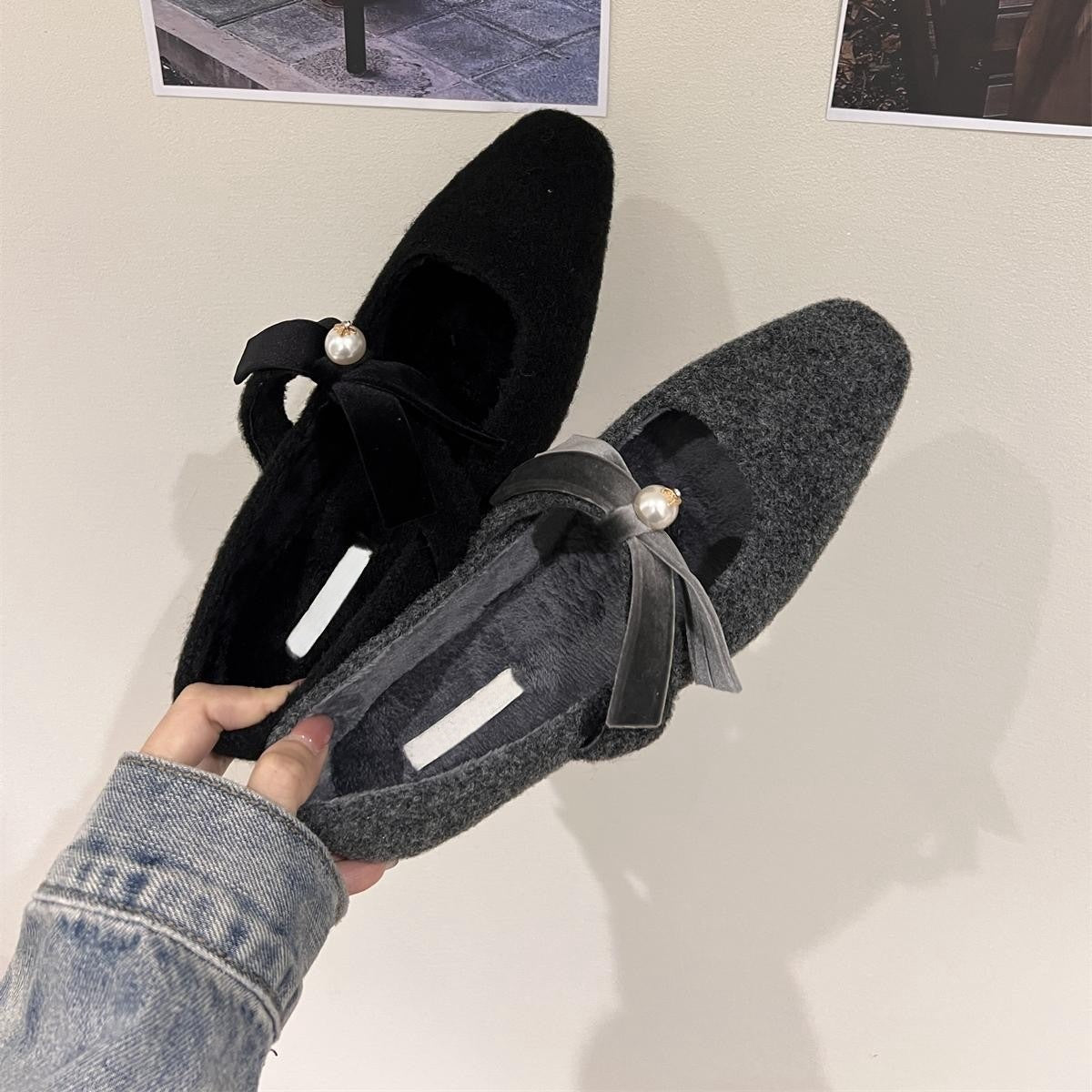 2025 thick heel gray single shoes with skirt evening shoes women's shoes popular autumn and winter plush Mary Jane fluffy shoes