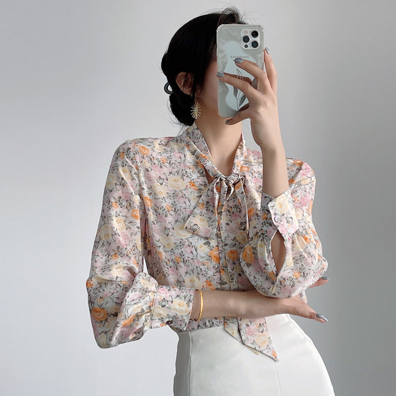Silk lace-up shirt women's spring and summer popular new mulberry silk slim-fit top with loose long-sleeved shirt inside