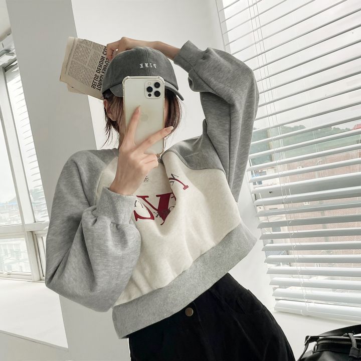 ZLLKL 2025 Sweater women's splicing short new Korean version niche women's clothing loose autumn and winter thickened velvet top