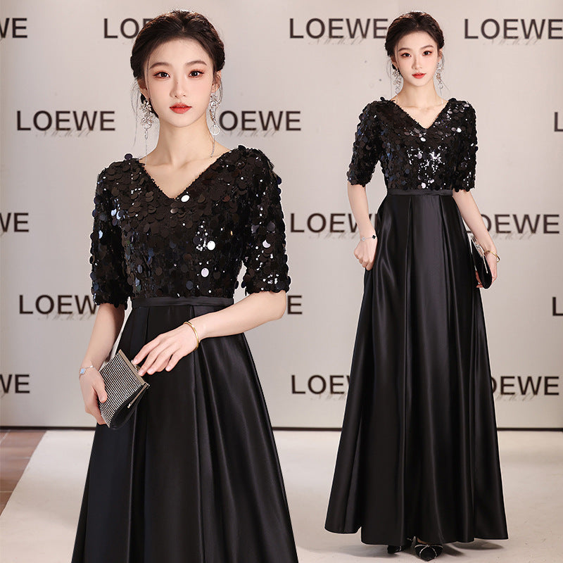 2025 Black V-neck long evening dress skirt 2025 new annual meeting catwalk art examination choir piano performance clothes wholesale