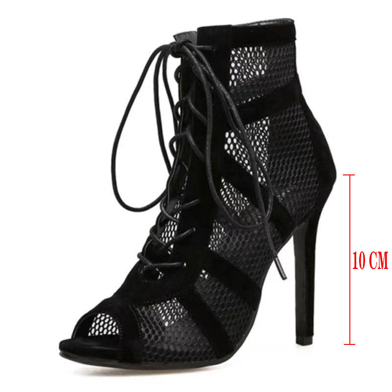 ZllKl Cross-Border Foreign Trade New Black Mesh Suede Fashion Cross Lace-up European and American plus Size Peep Toe Sexy High Heel Lace-up Women's Shoes