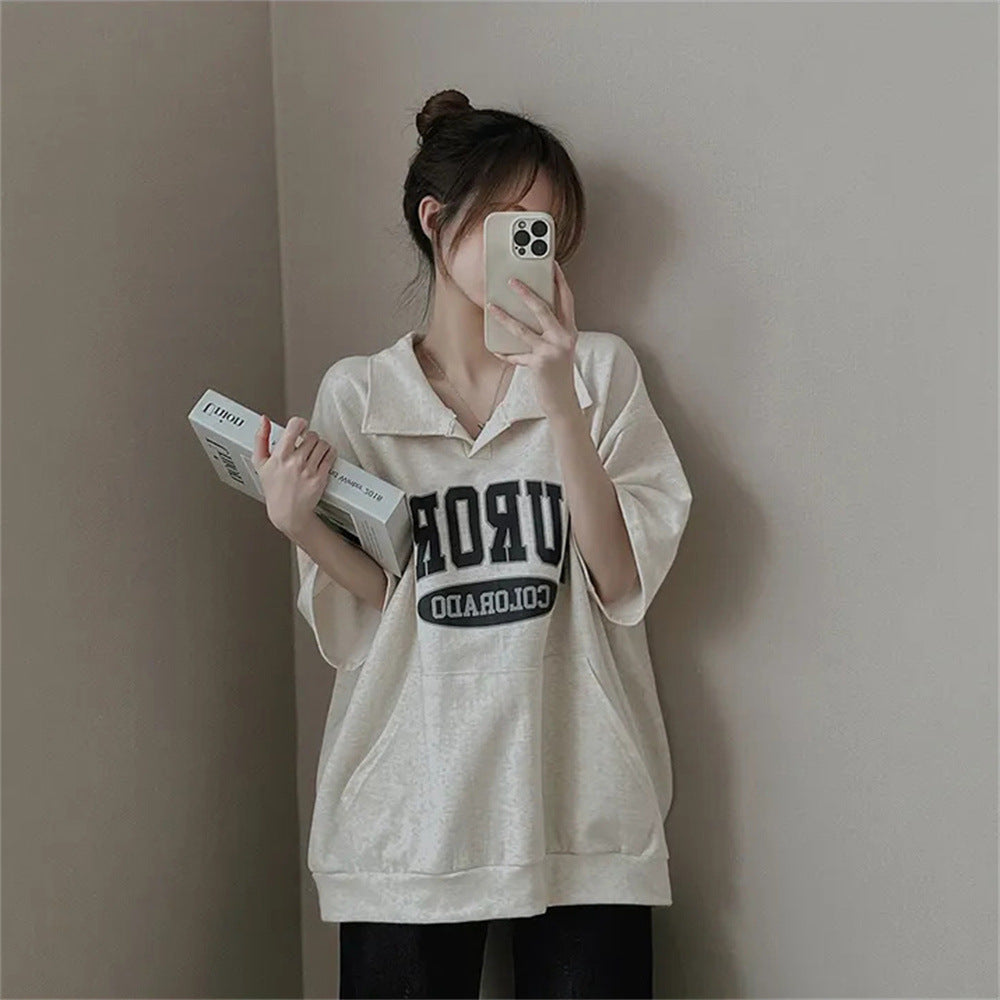 ZllKl Manufacturer 3-color sweater polo cotton casual Internet celebrity Korean T-shirt women's short sleeves summer five-quarter sleeves loose niche over