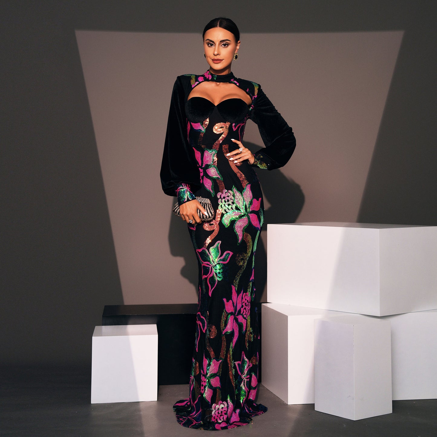 r 2025 long-sleeved temperament round neck sexy hollow long sequined banquet evening dress bridesmaid dress women