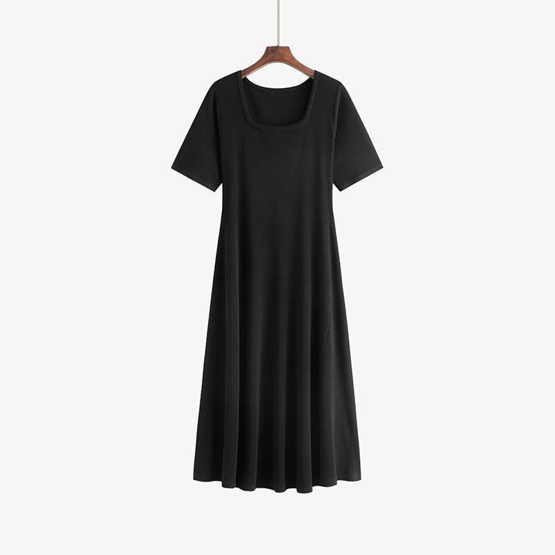 ZllKl 100.00kg plus Size Women's Clothing Square Collar Short Sleeve T-shirt Skirt Summer Plump Girls Slimming Stripes Knitted Dress 22301