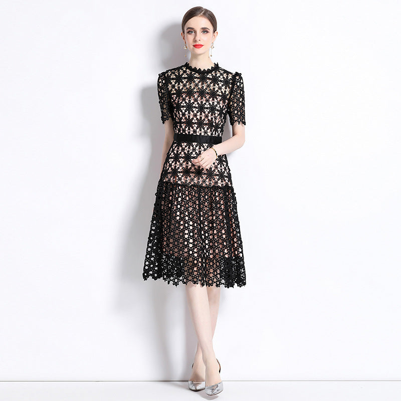 Lightly Mature Design Style Retro Minority Sexy Hollow out Lace Short Sleeve Dress Women's Summer Wear 2023 New