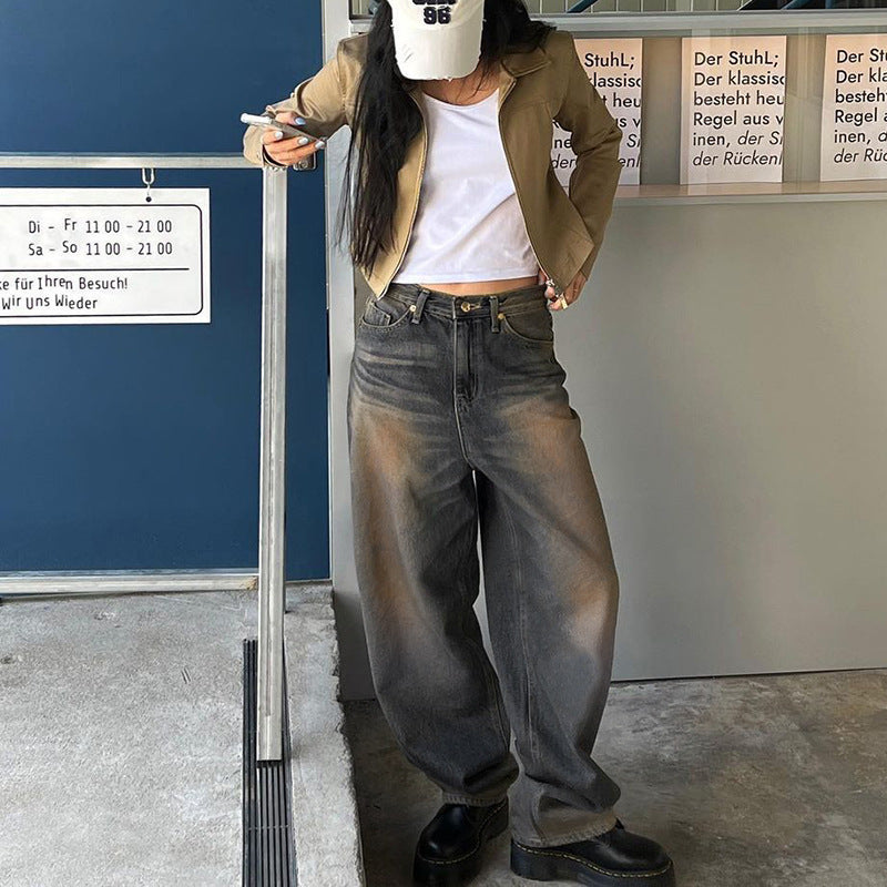 2025 Street Washed White Side Multi-Pocket Wide-Leg Jeans Women's Low Waist Loose Slimming Pleated Trousers Spring